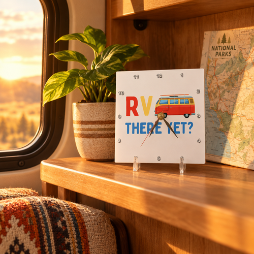 RV There Yet desk clock on a camper shelf